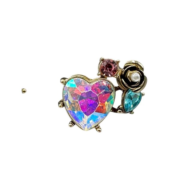 Heart Shaped Rhinestone Gold Tone Floral Stud Earrings With Iridescent Crystal - Picture 9 of 10